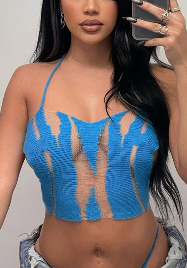 Summer Sexy Cutout See-Through Top Low Back Halter Neck Strapless Crop Top