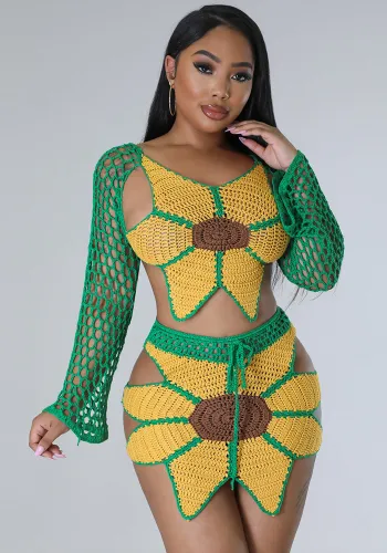 Ladies Fashion Beach Set Sexy Crocheted Sunflower Fashion Top And Skirt Two Piece Set