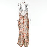 Spring See-Through Low Back Dress Sexy Deep V Neck Lace Patchwork Print Straps Long Dress Women