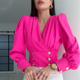 Women's V-Neck Sexy Long-Sleeved Short Slim Waist Puff Sleeve Solid Color Pleated Shirt