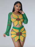 Ladies Fashion Beach Set Sexy Crocheted Sunflower Fashion Top And Skirt Two Piece Set
