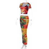 Women's Spring Summer Fashion Print Crop Short Sleeve Top Slim Fit Skirt Two Piece Set