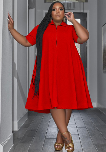Женское однотонное платье-рубашка большого размера с отложным воротником на молнии и коротким рукавом, повседневное свободное платье-рубашка