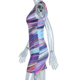 Women V Neck Print Lace-Up Bodycon Sleeveless Dress