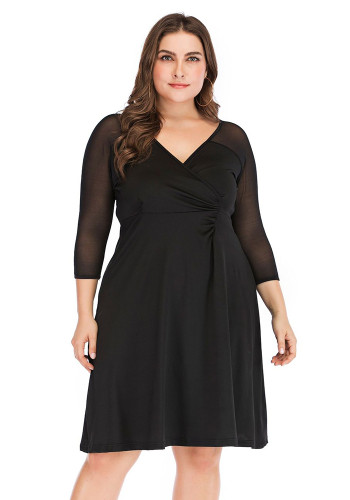 Plus Size Damen Mesh Patchwork V-Ausschnitt Elegantes Kleid mit 3/4 Ärmeln