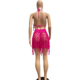 Sexy See-Through Knitting Crochet Fringe Straps Tank Top Short Two Piece Set
