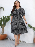 Plus Size Women Summer Vintage Print V-Neck Short Sleeve Dress