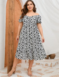 Plus Size Women Summer Print Short Sleeve Ruffle Dress