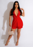 Women Solid Sleeveless Turndown Collar Sleeveless Suit And Shorts Two-Piece Set