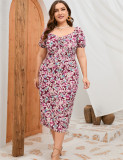 Plus Size Women Summer Short Sleeve Print Bodycon Dress