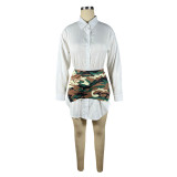 Women White Shirt and Camouflage Print Skirt Two-Piece Set