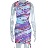 Women V Neck Print Lace-Up Bodycon Sleeveless Dress