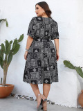 Plus Size Women Summer Vintage Print V-Neck Short Sleeve Dress
