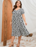 Plus Size Women Summer Print Short Sleeve Ruffle Dress