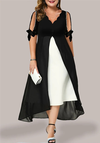 Plus Size Damen Sommer Colorblock Patchwork Perlen V-Ausschnitt Halbarm Kleid