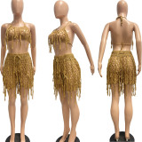 Sexy See-Through Knitting Crochet Fringe Straps Tank Top Short Two Piece Set
