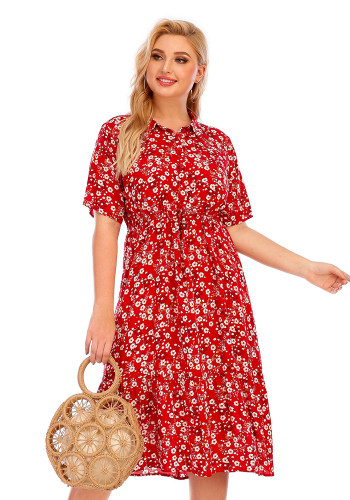 Sommer Plus Size Damen Kurzarm Kleid mit Hemdkragen Print