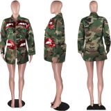 Women's Fashion Pocket Stand Collar Camouflage Sequin Lips Camouflage Jacket Top