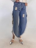 Women's Fashion Autumn Trendy High Waist Slim Fit Denim Tassel Ripped Wide Leg Pants