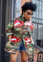 Damenmode Tasche Stehkragen Camouflage Pailletten Lippen Camouflage Jacke Top