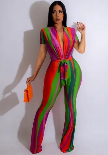 Women's Random Stripe Print V-Neck Short Sleeve Cargo Rompers