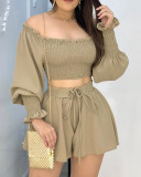 Coffee Pleated Lace-Up Set