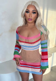 Women's long-sleeved knitting striped sexy contrast color hollow dress
