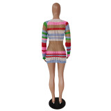 Women's long-sleeved knitting striped sexy contrast color hollow dress