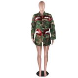 Women's Fashion Pocket Stand Collar Camouflage Sequin Lips Camouflage Jacket Top