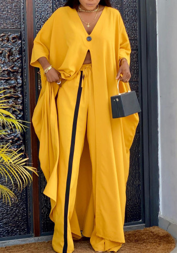 Kadın modası sarı v yaka gevşek uzun kollu bluz pantolon takım elbise