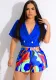 Women's Stiff Double Breasted Blazer Short Sleeve Top Print Short Set Two-Piece