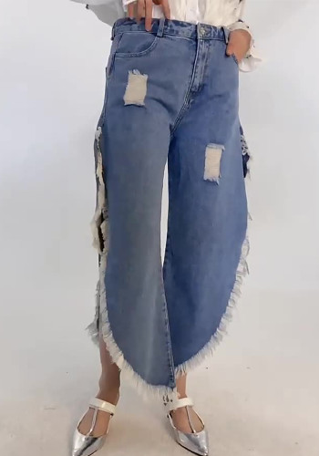 Pantaloni a gamba larga strappati con nappa di jeans slim fit a vita alta alla moda da donna