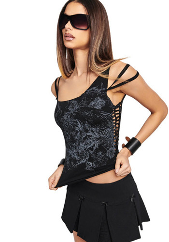 Spring Women's Sexy Digital Printing Hollow Out Slim Casual Camisole Top