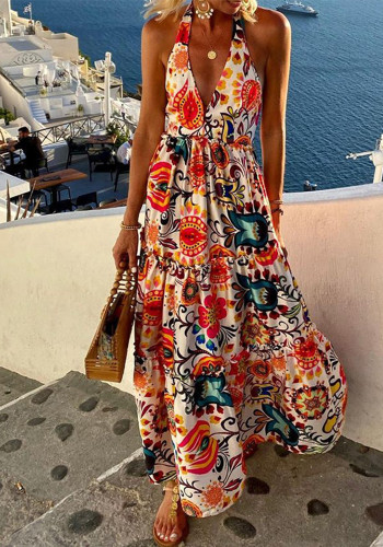 Summer Fashion Deep V Halter Neck Low Back Sleeveless Print Holidays Beach Dress