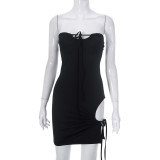 Women's Summer Solid Color Casual Sleeveless Lace-Up Strapless Slim Bodycon Mini Dress