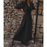 Spring Solid Chic High Waisted Slim Fit V-Neck Puff Sleeve Maxi Dress