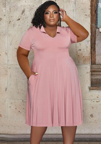 Casual Fashion Turndown Collar Short Sleeve Solid Plus Size Women's Midi Dress