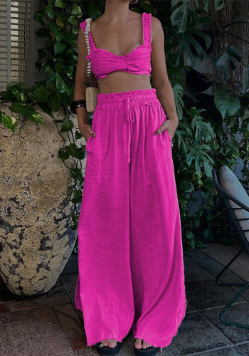 Bahar Kadın Modası Katı Askılı Crop Top Geniş Paça Keten Pantolon İki Parçalı Set
