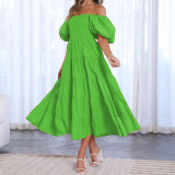 Summer Women's Fashion Loose Off Shoulder Puff Sleeve A-Line Midi Dress