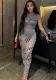 Women's Summer Sexy Mesh See-Through Print Short Sleeve Crop Top Long Skirt Two Piece Set
