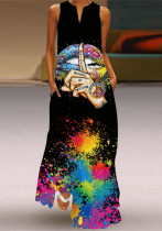 Zomerstijl Retro Print V-hals Multicolor Sexy mouwloze lange maxi-jurk