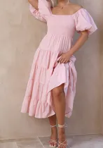 Summer Women's Fashion Loose Off Shoulder Puff Sleeve A-Line Midi Dress