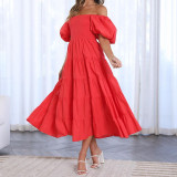 Summer Women's Fashion Loose Off Shoulder Puff Sleeve A-Line Midi Dress