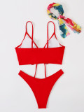 Sexy Solid Lace-Up Two Pieces Bikini Swimsuit With Scarf