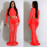 Women's Fashion Solid Color Mesh Beaded Long Sleeve Crop Top Long Skirt Two-Piece Set