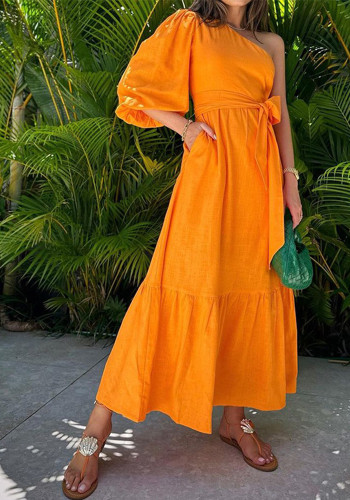Spring Women's Fashion Chic Slash Shoulder Linen Maxi Dress