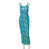 Women's Summer U-Neck Abstract Pattern Print  Low Back Strap Long Dress