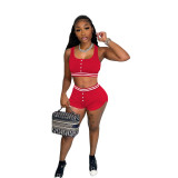 Ladies Solid Color Tank Top Shorts Sports Two Piece Set