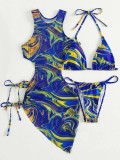 Two Piece Bikini Swimsuit Cutout Lace-Up Drawstring Cover Up Dress Three-Piece Swimwear