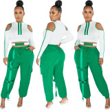 Fashionable Color Contrast Cutout Long Sleeve Two Piece Pants Set